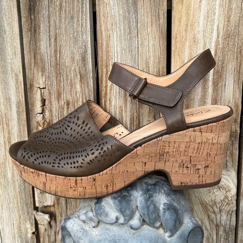Clarks Artisan Maritsa Nila Leather Cork Wedge Platform Sandal Leather Green 8.5 - Picture 13 of 13